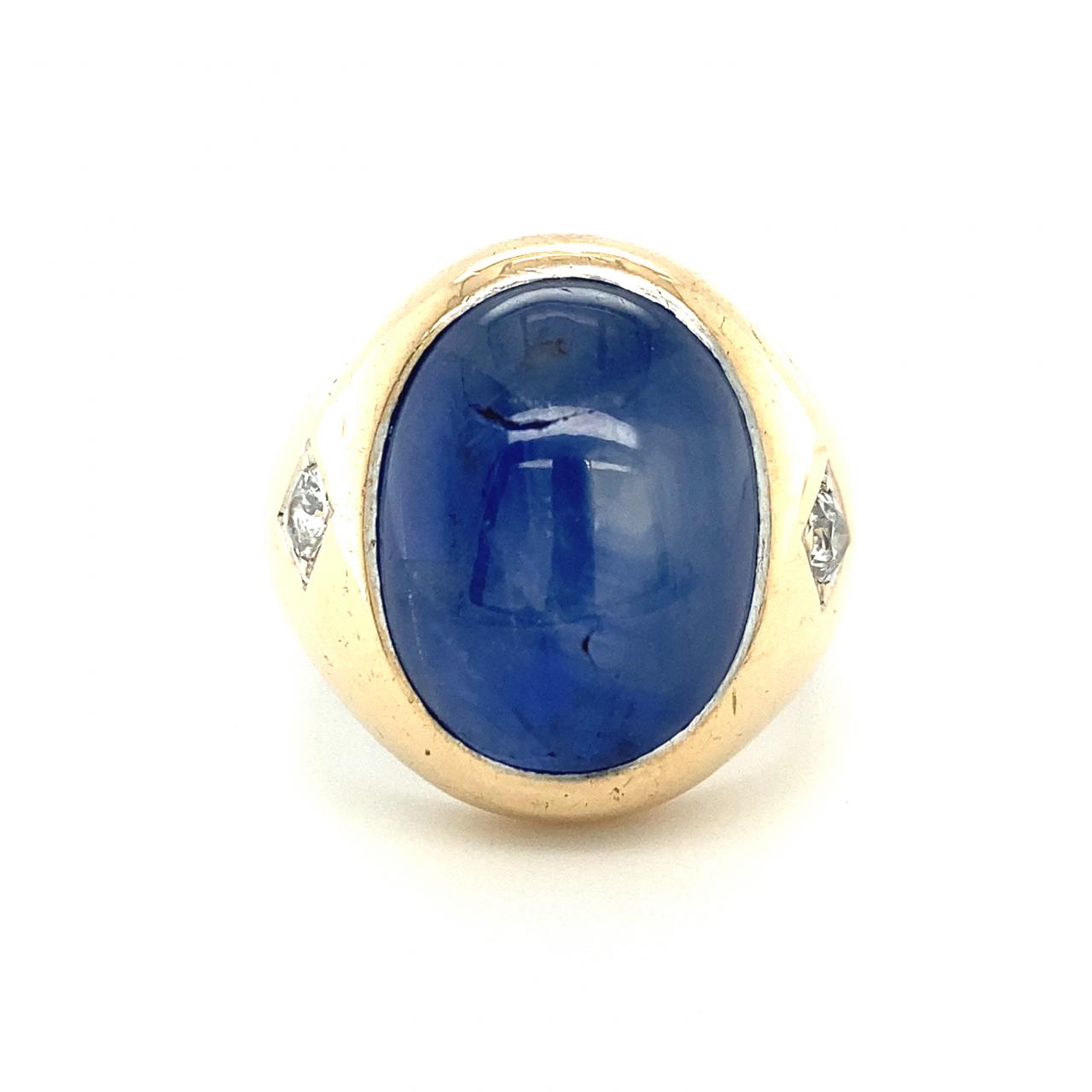 Star Sapphire Cabochon and Diamond 14K Yellow Gold Platinum Ring
