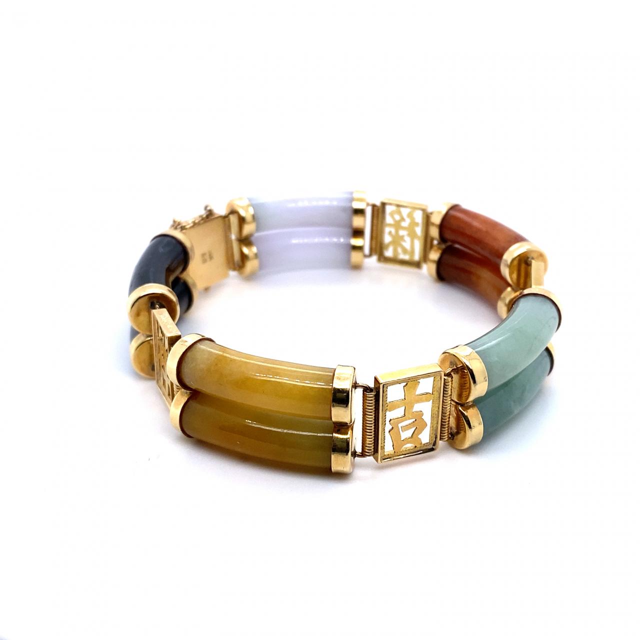 Vintage Carved Multi Color Jade Five Link and 14K Yellow Gold Bracelet Vintage Carved Multi Color Jade Five Link and 14K Yellow Gold Bracelet