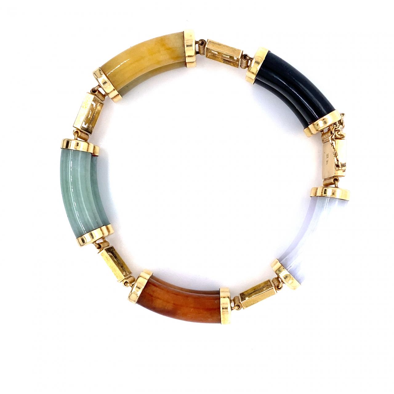 Vintage Carved Multi Color Jade Five Link and 14K Yellow Gold Bracelet Vintage Carved Multi Color Jade Five Link and 14K Yellow Gold Bracelet