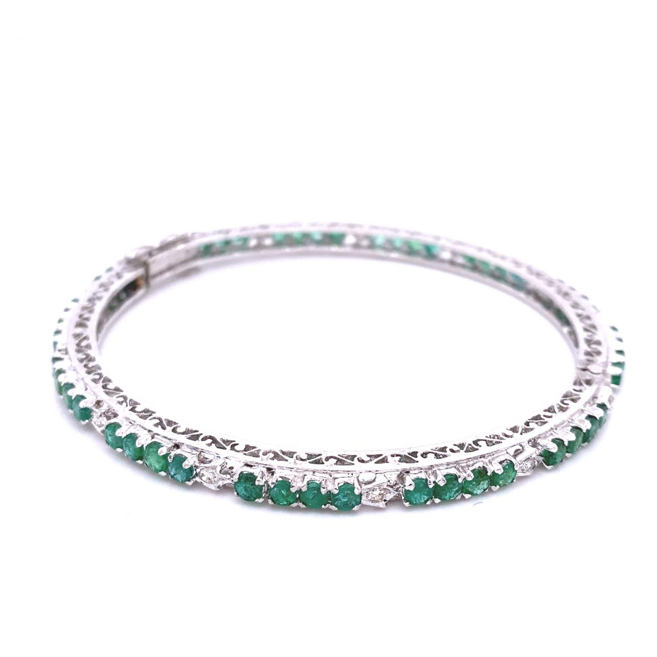 4.57ctw Round Emerald and 0.27ctw Round Diamond Bangle 10K White Gold 6.75"