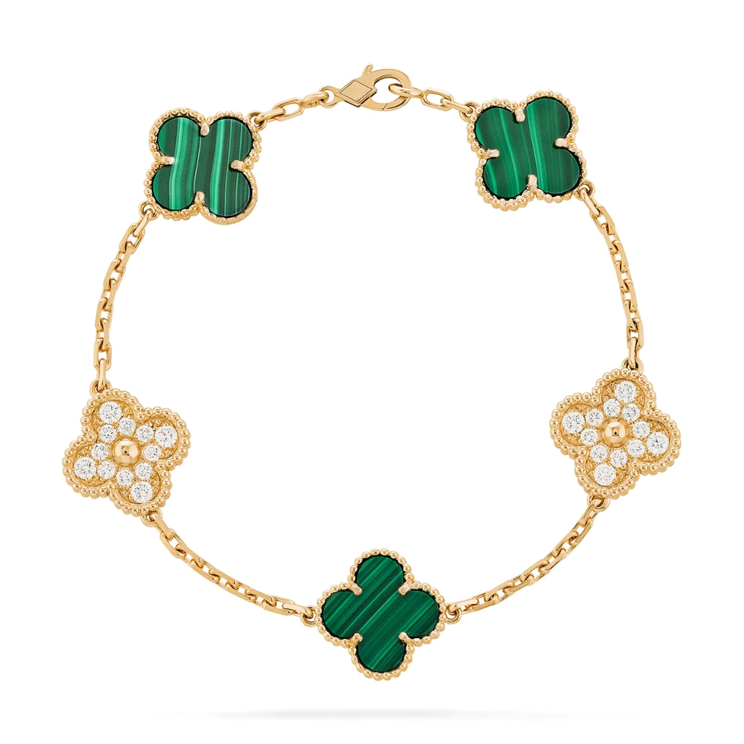 Van Cleef & Arpels Vintage Alhambra Bracelet 5 Motifs Diamond Malachite 18K Yellow Gold