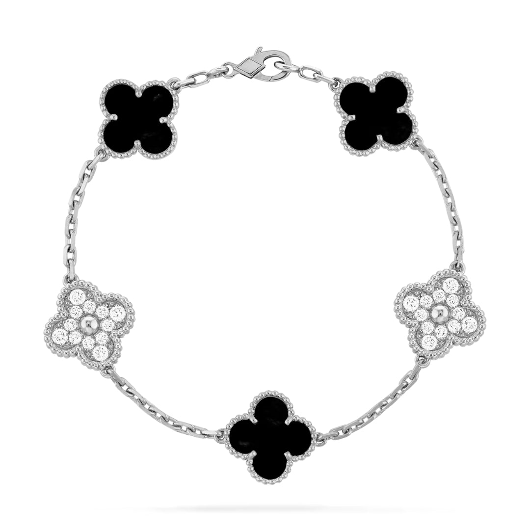 Van Cleef & Arpels Vintage Alhambra Bracelet 5 Motifs Diamonds Onyx 18K White Gold