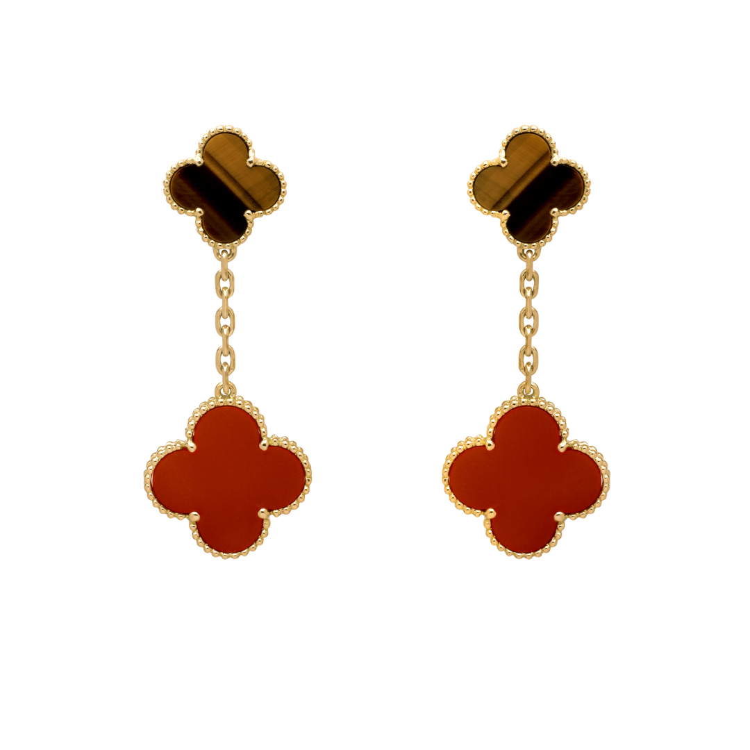 Van Cleef & Arpels Magic Alhambra Earrings 2 Motifs Carnelian and Tiger Eye 18K Yellow Gold
