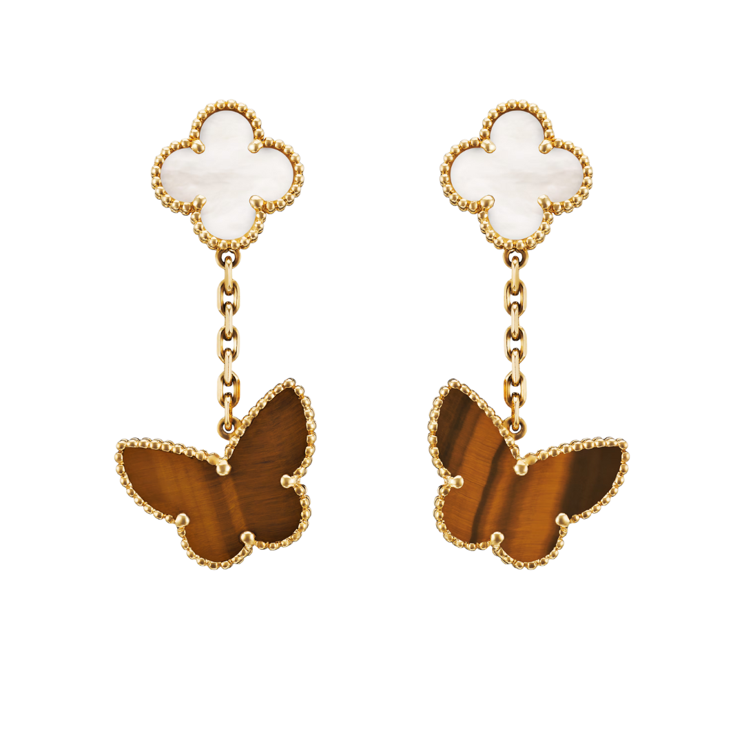 Van Cleef & Arpels Lucky Alhambra Earrings 2 Motifs Mother-Of-Pearl and Tiger Eye 18K Yellow Gold