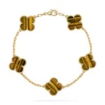 Van Cleef  Arpels Vintage Alhambra Bracelet 5 Motif Tiger Eye 18K Yellow Gold