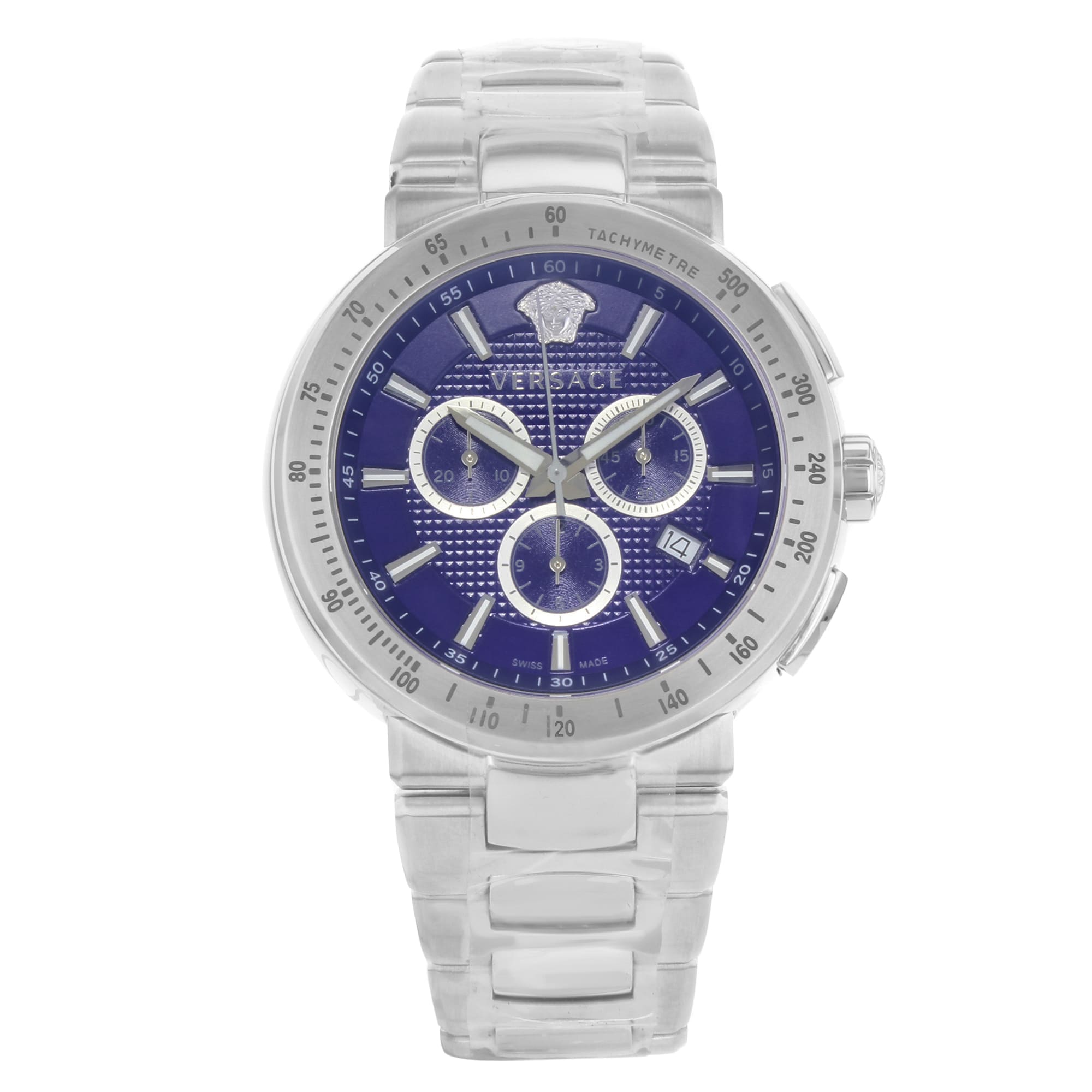 Versace Mystique Tachymeter Chrono Steel Blue Dial  Quartz Mens Watch 