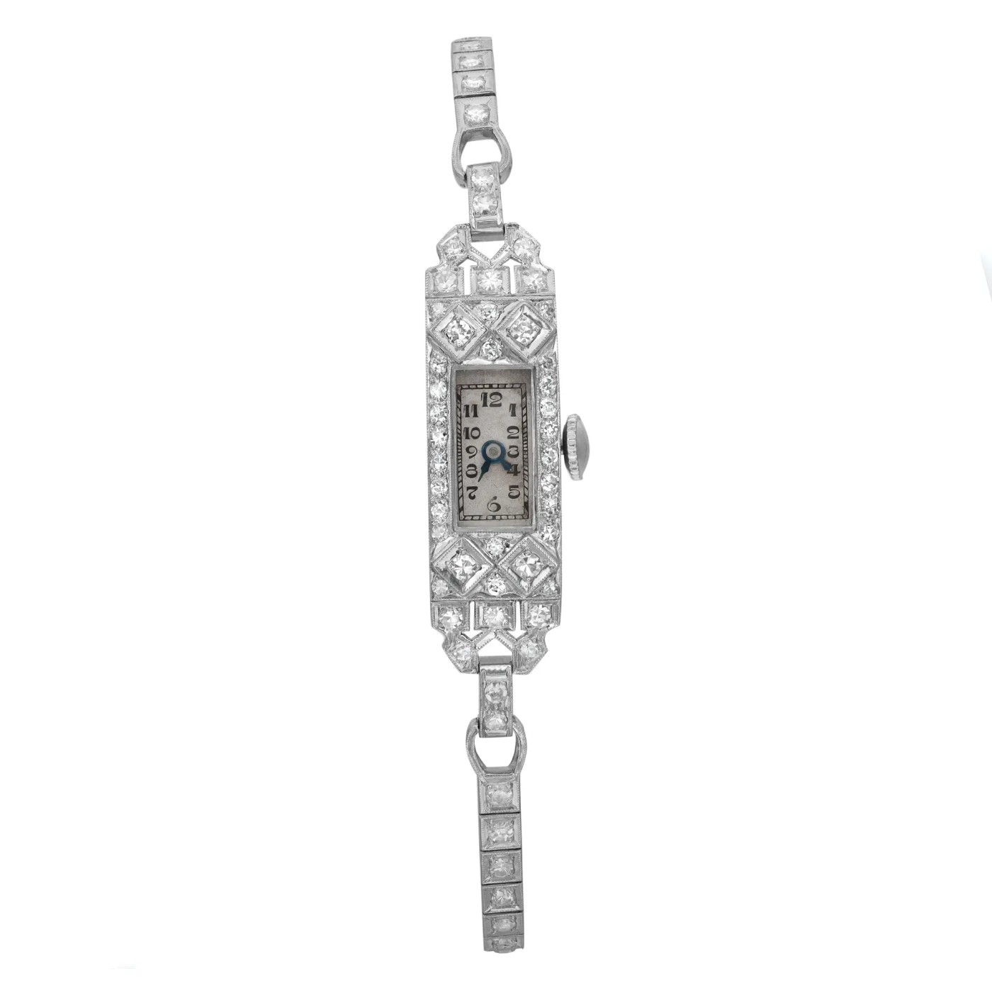 Vintage Platinum Diamond Silver Dial Ladies Hand Wind Watch