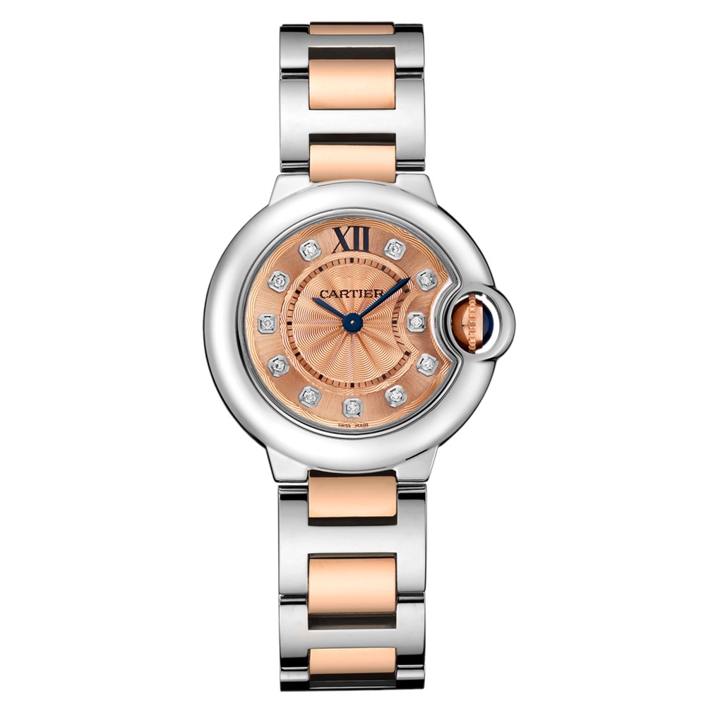 Cartier Ballon Bleu 28 18K Rose Gold  Stainless Steel Watch Diamond Dial on Bracelet WE902052